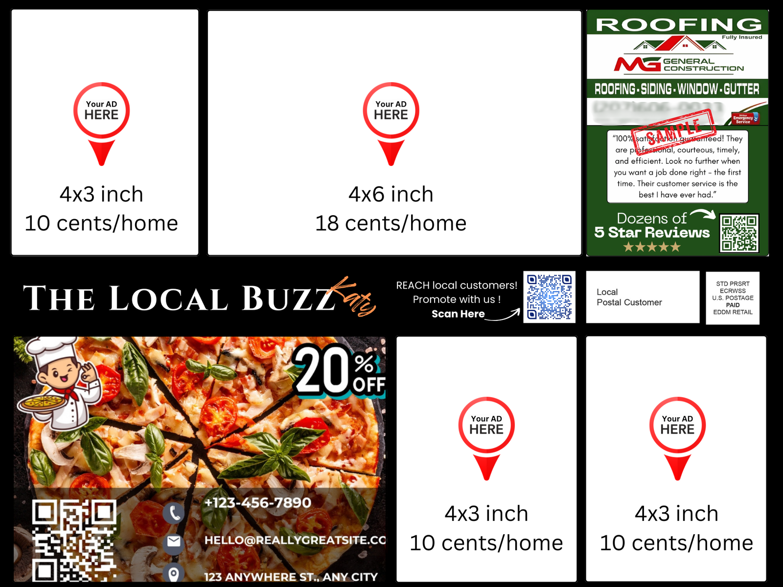 Postcard pricing layout for The Local Buzz advertising slots.